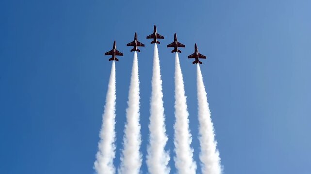 Formation of Five Aircraft Leaving Contrails Against a Clear Blue Sky