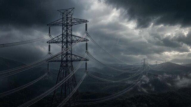Power Transmission Tower Across Mountain Landscape with Electrical Grid, Storm Cloud, Rain, Mist and Sunlight Creating Dramatic Weather Atmosphere