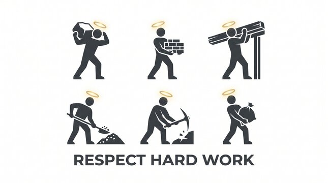 Respect hard work concept, set of 6 manual labor icons, construction worker stick figures with halos, ethical labor and dignity of work