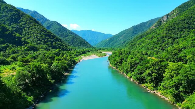 Aerial photography of the natural scenery of mountain rivers and green mountains and clear waters