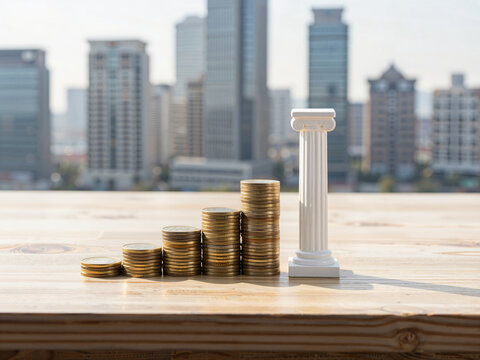 Stacks of gold coins and a white column against a city skyline