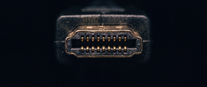 Hdmi cable connector pins close up for high definition video and audio digital signal transmission.