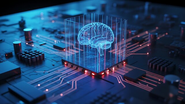 Glowing holographic brain circuit board with blue neon lights symbolizing artificial intelligence processing data