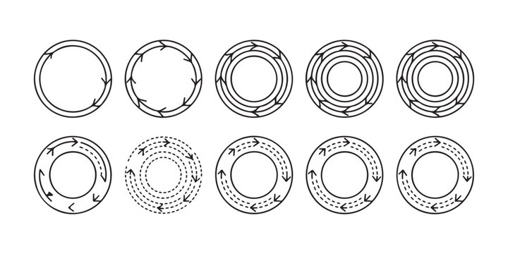 Dashed and solid circular arrow path collection for circular data flow or rotation indicator tasks.
