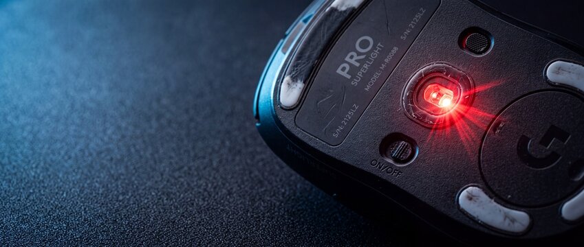 Red optical sensor light under professional gaming mouse showing tracking technology mechanics.
