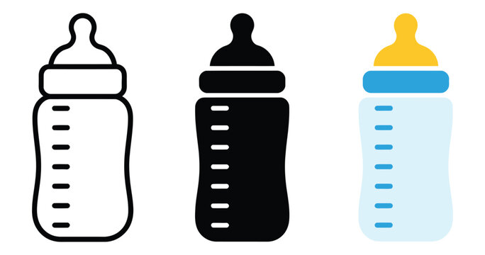 Baby Bottle Icon Collection Featuring Outline Solid Color Styles with Childcare Graphics for Infant Nutrition, Feeding and Nursery Care