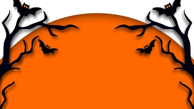 Halloween Spooky Orange Moon Background With Tree Branches And Flying Bats Silhouette.