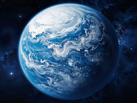 Abstract blue planet with swirling vortex texture in deep space