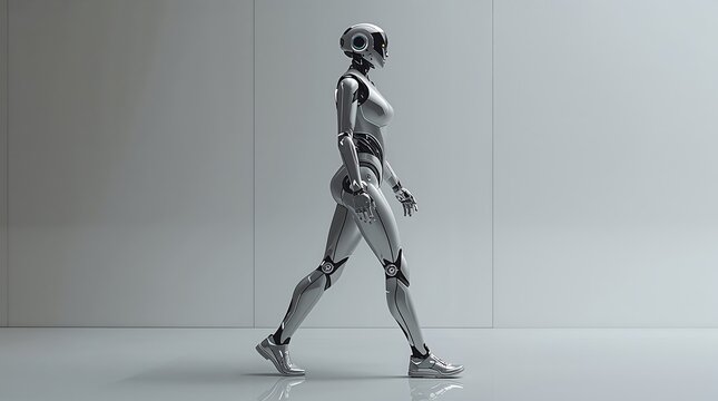 A futuristic silver robot woman walking in a room with a grey background
