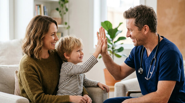 Doctor gives a high five to happy child and mother during home visit