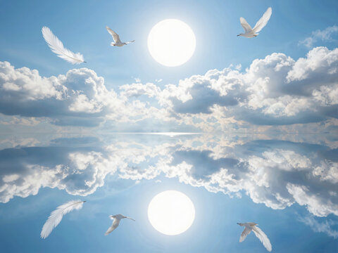 White doves and feathers flying against a blue sky with clouds and sun