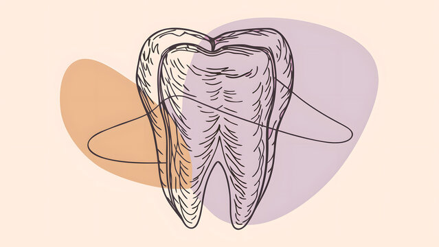 Cross section molar tooth anatomy and root canal structure. Dentistry healthcare and endodontic treatment. Cutaway dental crown showing internal layers
