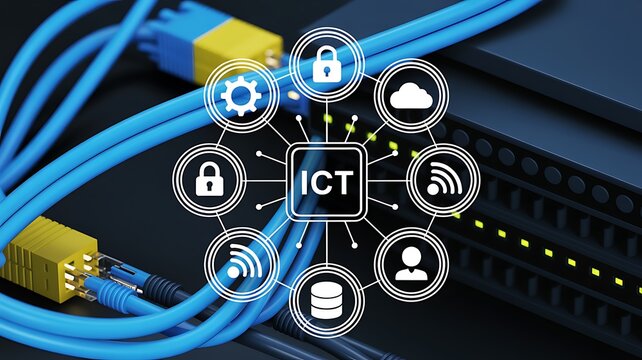 Information and Communications Technology network hub with glowing icons symbolizing connectivity and data security