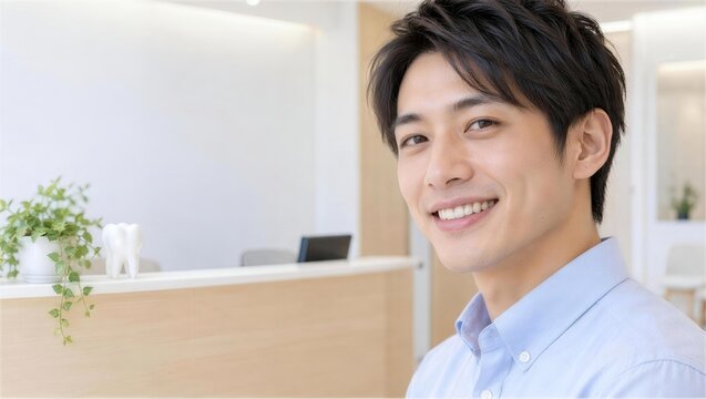 歯科医院の受付で笑顔を見せる青いシャツの男性