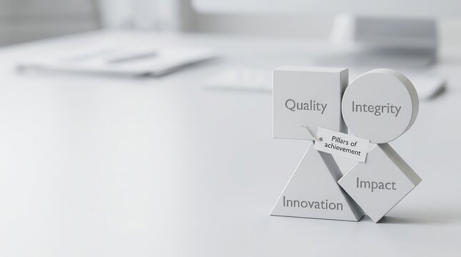Four geometric shapes with business strategy words in a modern setting