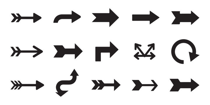 Assorted arrow icons with different styles and shapes, including feathered and block tips for diverse applications.