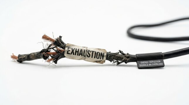 Frayed electrical cable labeled exhaustion symbolizing depleted energy