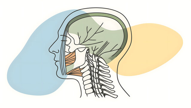 Cranial skull bones and cervical spine anatomy. Neurology osteology and neck bone posture care. Head cross section showing vertebrae muscles and cranial nerves