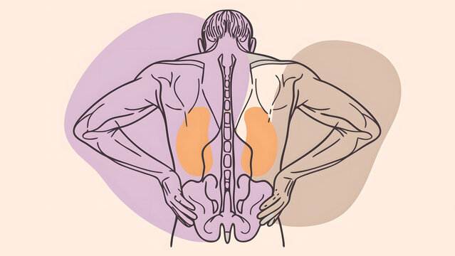 Kidney anatomy and spinal column structure. Nephrology care and urinary system health. Rear view of male torso highlighting human kidneys and vertebrae