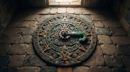 Obraz premium Ancient stone calendar mechanism in mysterious temple