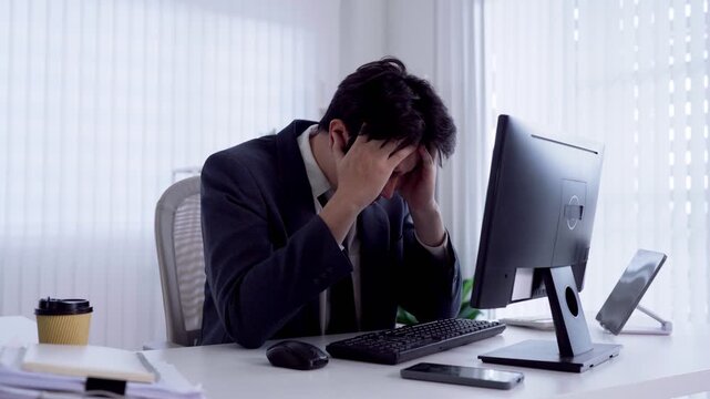 Stressed Asian businessman holding head in frustration at office desk facing computer screen