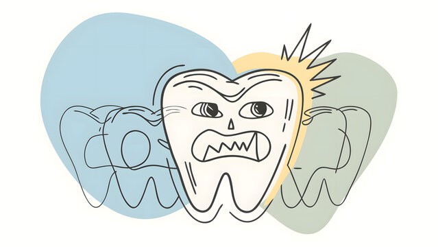 Dental toothache and painful bruxism condition. Teeth grinding and urgent dentistry treatment. Angry aching cartoon tooth character suffering from sharp nerve pain