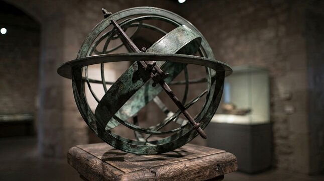 Ancient armillary sphere in museum exhibit