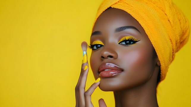 Stunning black woman with yellow head wrap and vibrant eye makeup posing against a bright background