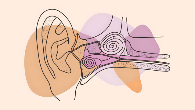 Cross section of human ear anatomy. Hearing sense and vestibular balance system. Auditory canal and cochlea conducting acoustic sound waves