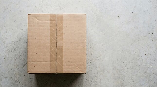 A single closed brown cardboard box sitting on a textured grey concrete floor viewed from directly above for a simple industrial shipping and delivery concept with negative space