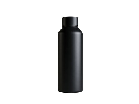 Black reusable water bottle isolated on a white background for hydration and fitness concepts