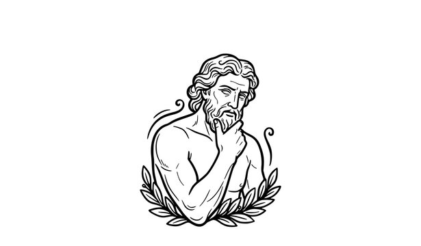 Greek Philosopher Bust with Laurel Wreath Thinking Pose Vector Illustration