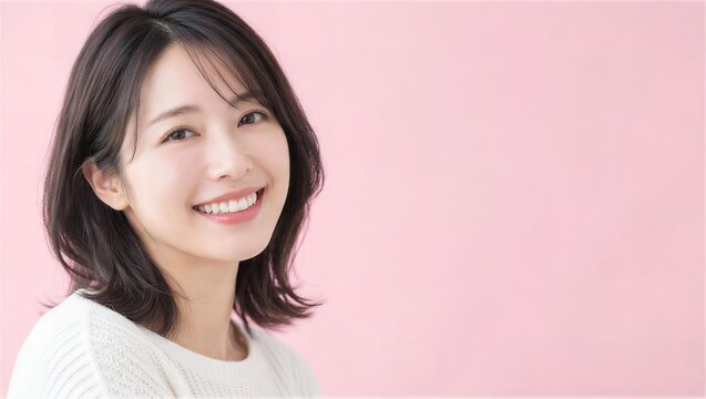 淡いピンク背景で振り向いて笑う白いニットの女性