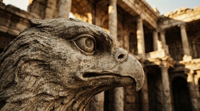 Roman eagle stone sculpture in ancient ruins