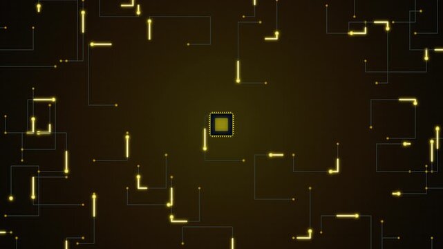 Glowing yellow digital circuit board abstract motion background
