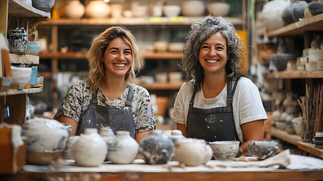 Two cheerful female potters smiling in their workshop surrounded by handmade clay ceramic pots