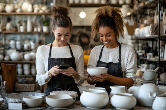 Two female potters in aprons working together in a ceramics studio with white clay pottery items