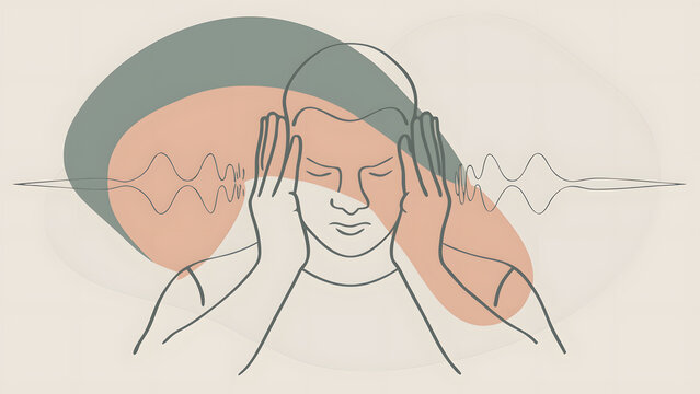 Man suffering from severe headache and migraine tension. Loud noise sensitivity and tinnitus distress. Person covering ears from sound frequency waves