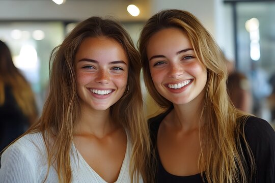 Two smiling young twin sisters with long brown hair posing together
