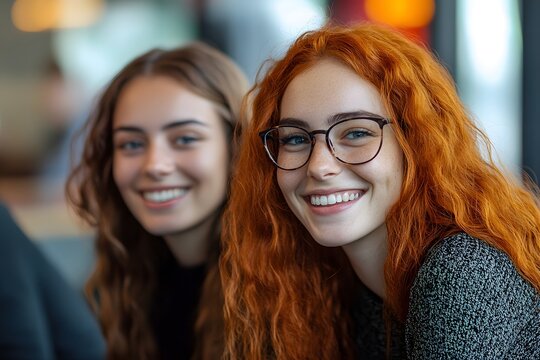 Two smiling young women with long wavy hair looking at the camera in a bright indoor setting