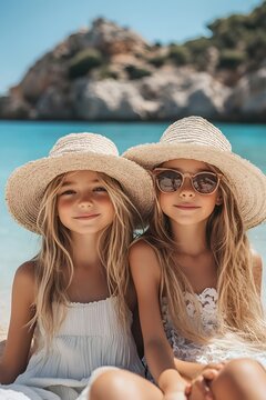Two young girls wearing straw hats and white dresses sitting on a beach by the turquoise sea