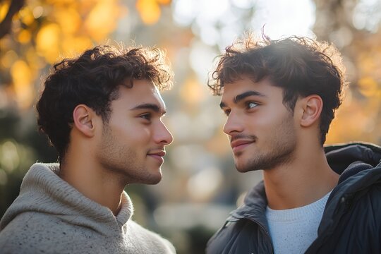 Two young handsome men looking at each other outdoors with warm autumn sunlight in background