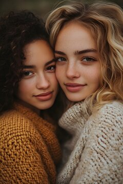 Two young women with diverse hair textures posing together in cozy knit sweaters outdoors