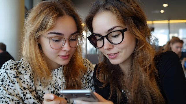 Two young women with glasses looking at a smartphone screen together in a bright cafe setting