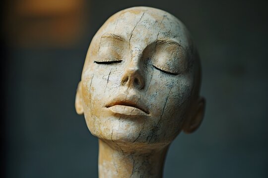 Weathered stone sculpture of a serene female face with closed eyes and a textured surface finish