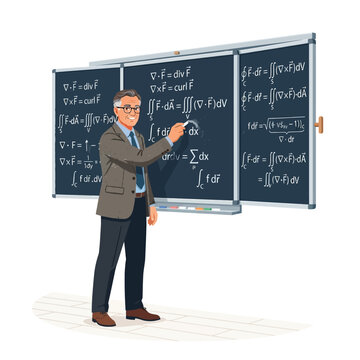 Gray blazer professor pointing white chalk at blackboard in classroom