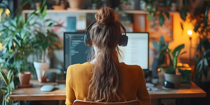 Woman with curly hair wearing headphones coding at a desk surrounded by indoor plants