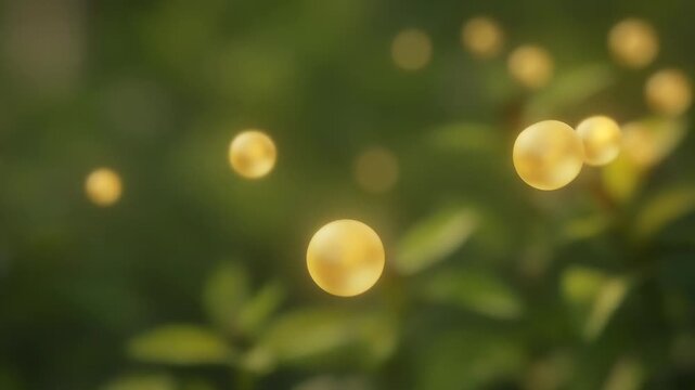 Soft Golden Orbs of Light Shimmering Against Lush Green Backdrop Creating Dreamy Atmosphere