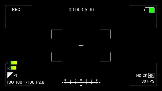 Camera recording screen overlay, illustration footage of video recorder camera screen with multiple settings and timer.  4K  Alpha Channel