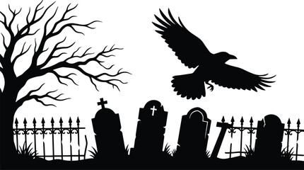 Fototapeta premium Spooky graveyard silhouette with flying black raven bare dead tree crooked fence and old tombstones on haunted dark scary halloween night